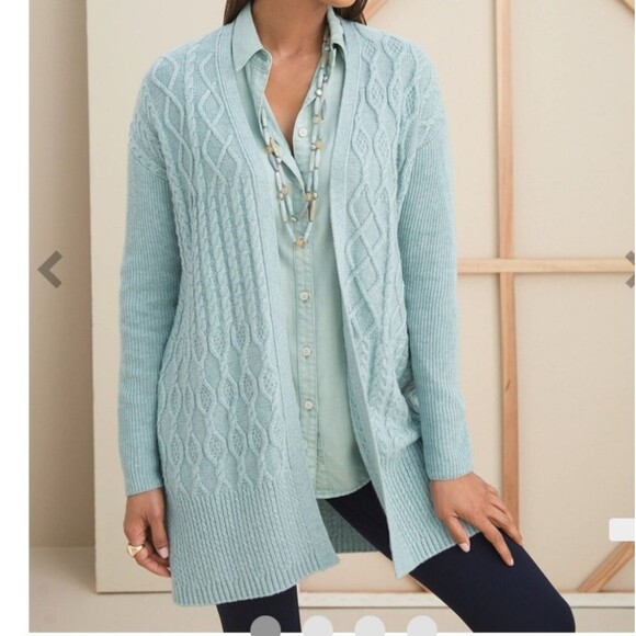 Chico's Sweaters - Chico's Open Front Long Cardigan Mixed Stitches Seafoam Green Women's Size Small
